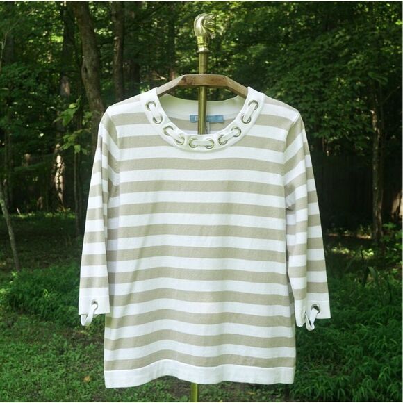 Koret Tan White Nautical Striped Sweater Top - Picture 1 of 5